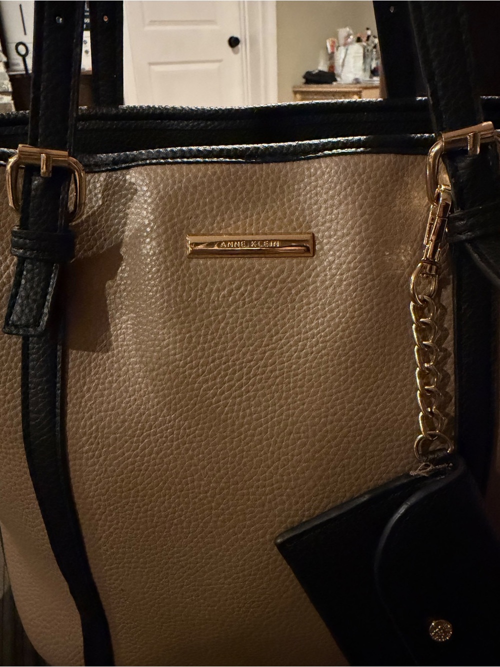 Anne Klein Beige and Black Shoulder Tote with Gold Hardware